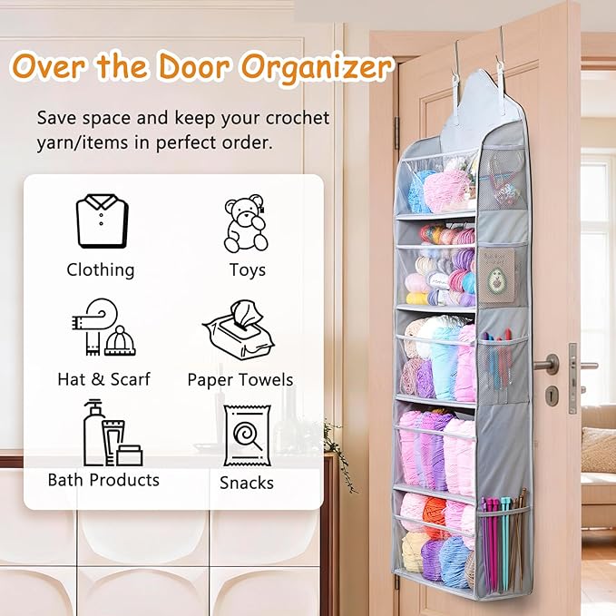 MYBAGZING Hanging Yarn Storage Organizer with Zipper Pockets, 5 Tiers Over the Door & Closet Yarn Holder, Large Crochet & Knitting Organizer with Side Pockets for Hooks, Needles & Accessories