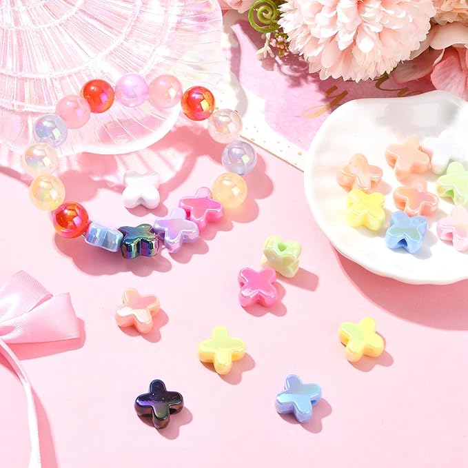 Ipotkitt 20 Pcs UV Plated Letter X Shaped Acrylic Beads Iridescent Cross Spacer Beads Random Color Beaded Ornaments for DIY Jewelry Making Necklace Bracelet Earrings