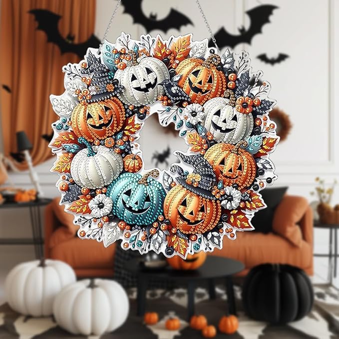 MUNORIAY Diamond Art Hanging Kit for Adult,Special Shaped Rhinestone,5D DIY Acrylic Double Sided Diamond Art Painting Window Pendants,Home Garden Wall Decor Hanging Ornament(Halloween Pumpkin)