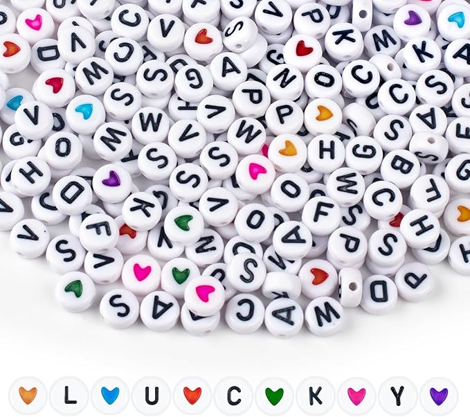 sutoug 1000pcs colourful letter beads for threading, 4 x 7 mm, a-z white letter beads and colourful heart beads, acrylic round beads for jewellery diy making crafts bracelets necklaces ornaments penda