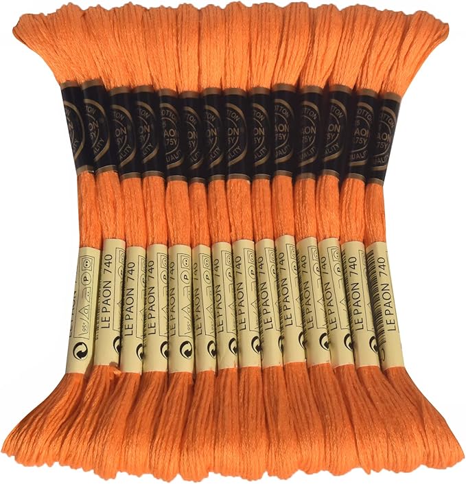 LE PAON Embroidery Floss, 14-Pack Six Strands 100% Long Staple Cotton Embroidery Thread, 8.7-Yard，Color Number：740, Tangerine