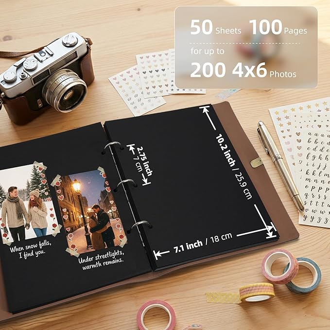 Vienrose Photo Album Scrapbook Kit, 3 Ring Faux Leather Cover DIY Memory Book Kraft Paper with 50 Sheets 100 Pages, Vintage Scrapbooking Supplies Set for Wedding, Anniversary, Valentine Gifts, Black