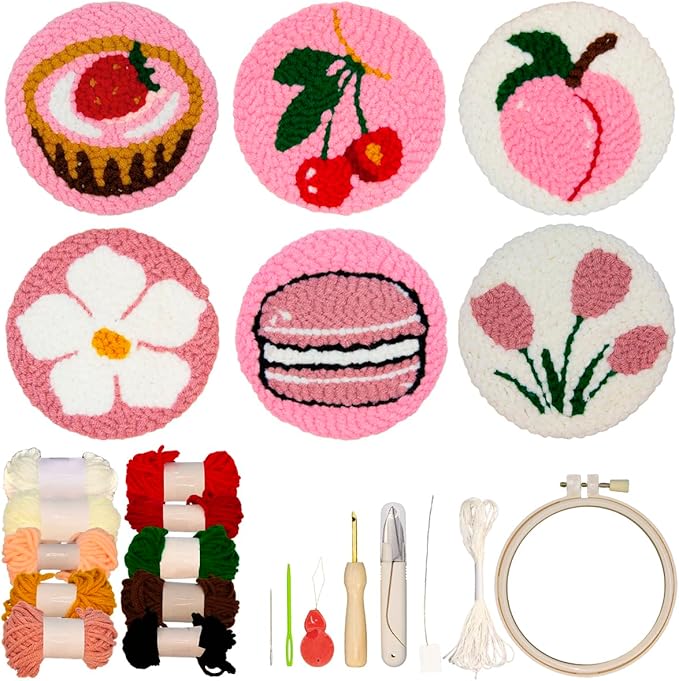Punch Needle Kit for Beginners Adults Kids, 6 Pattern Embroidery Punch Needle Kits, Easy Needle Punch Embroidery DIY Kit Set Tufted Rug Punch Decoration with Patterns, Tools, Yarns, Hoop, Instruction