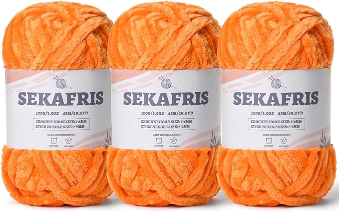 Fuzzy Chunky Chenille Yarn for Crocheting，Soft Plush Yarn for Hand Knitting，Bulky 3x100g（3x49.2 yd） Baby Blanket Yarn for Crocheting Amigurumi Yarns，Crochet Fluffy Velvet Yarns (Orange)