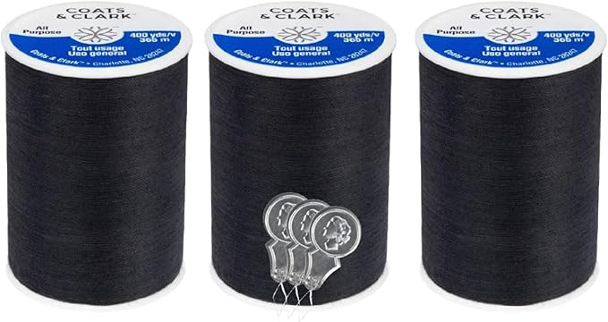 Coats & Clark Dual Duty All Purpose Sewing Thread 230A 400 Yards Each Spool 3 Pack Bundle with Bella's Crafts Needle Threaders (Black)