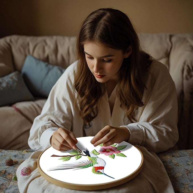 57lilina embroidery kit for beginners, pack of 3 with hoops, threads, needles - starter cross stitch supplies for adults, gift for relaxation craft lovers, hummingbird theme