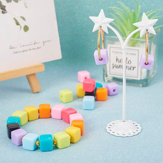 FASHEWELRY 90Pcs Pastel Acrylic Cube Beads for Bracelet Making Candy Color Square Spacer Beads Assorted Rainbow Cube Pony Bead Bulk for Jewelry Making