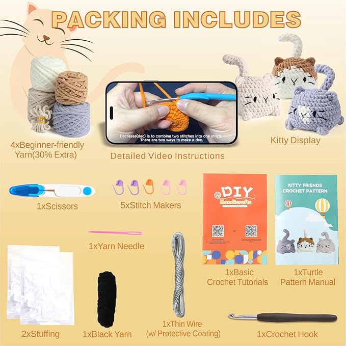 eelexa crochet kit for beginners, crochet animal kits for adults and kids, step-by-step video tutorials and easy peasy yarn, 3 cats