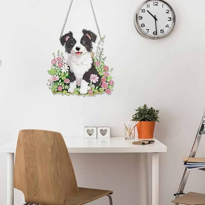 Miwixy Dog Hanging Diamond Art Kits for Adults,Black White Flowers Special Shaped Crystal Diamond Painting Ornament Kit DIY Double-Sided Pattern Window Pendant Gem Art Kit for Home Wall Decor