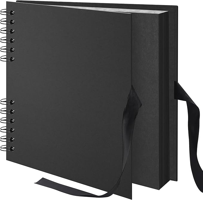 8x8 inch Scrapbook Photo Album DIY Picture Book 40 Pages, Thick Kraft Paper Scrap Book Album with Silk Ribbon Wedding Guest Book Memory Book for Baby, Family, Travel (Black)