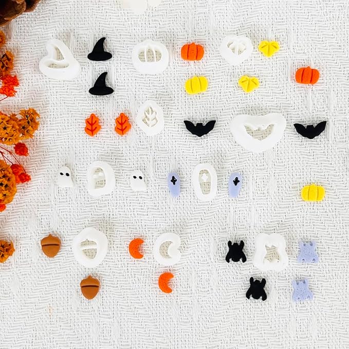 Xaekicr Halloween Polymer Clay Cutters Set - 10Pcs Clay Cutters for Polymer Clay Jewelry, Small Size Clay Tools for Earrings DIY, Fall Pumpkin Bat Witch Hat Molds