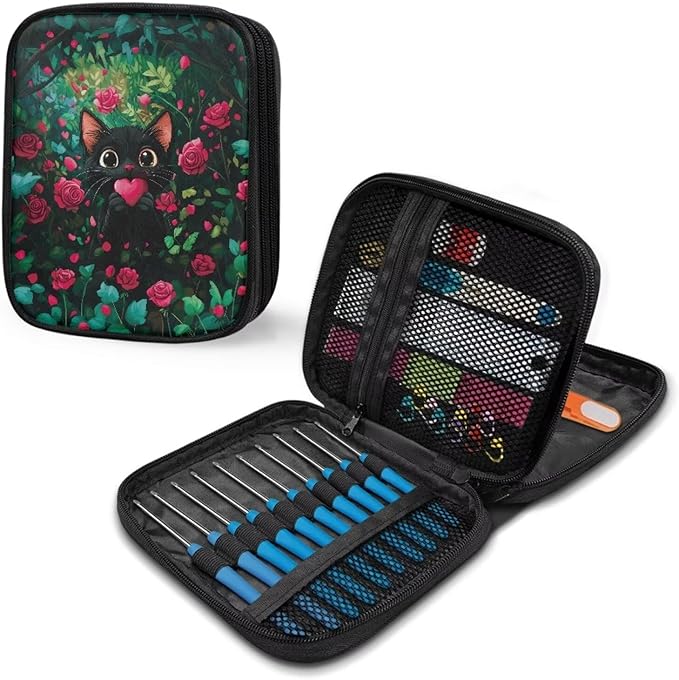 Hechitok Black Cat Heart Rose Crochet Hook Case Zipper Storage Organizer Bag with Pockets for Various Crochet Needles/Knitting Accessories/Crochet Hook Kit Tools