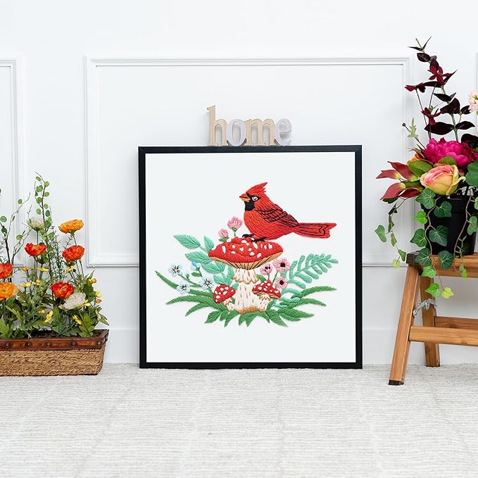 Louise Maelys Cardinal Mushroom Embroidery Kits for Beginners,Cross Stitch Kit for Adults,DIY Needlepoint with Flowers Pattern