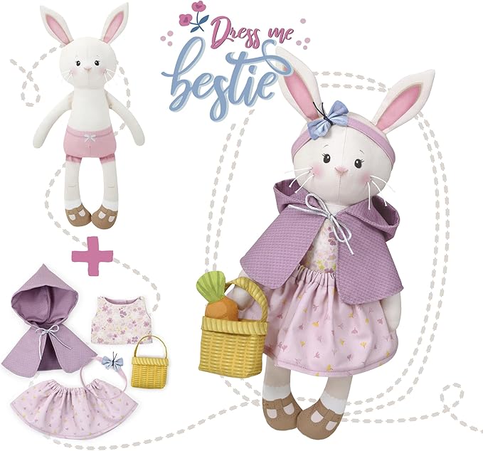 Doll Sewing Panel for Intermediate Skills - with Video Instructions - Cut & Sew Fabric Panel Doll with Clothes: Dress Me Bestie Bibby Bunny