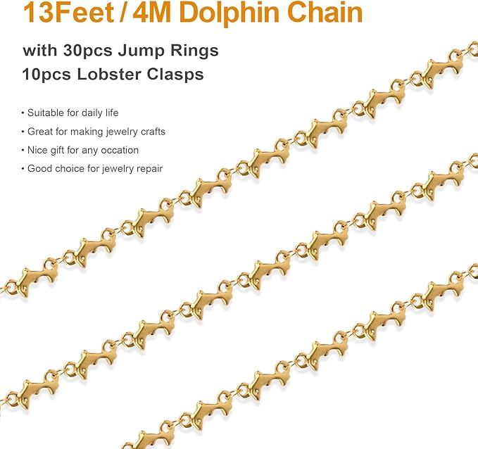 Kyutong 4 Meters Gold Plated Jewelry Making Chains on Spool Dolphin Shape Craft Jewelry Findings Stainless Steel Necklace Chain Bulk with Clasps for Women Men Make Handcrafts