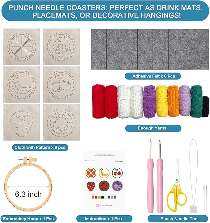Punch Needle Coaster Kit for Adults Beginners, Easy Punch Embroidery Starter Set with Instructions – Fun Mug Rug Making Kit for Table Decor & Festival DIY Gifts (6pcs Cute Fruits)