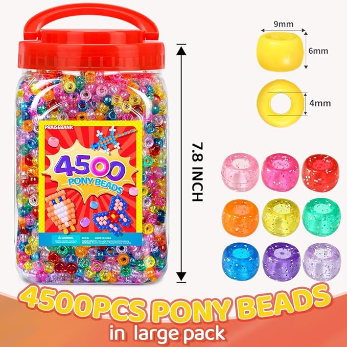 praisebank pony beads, 4500pcs 6x9mm, wholesale beads, bracelets jewelry making, arts & crafts(glitter)