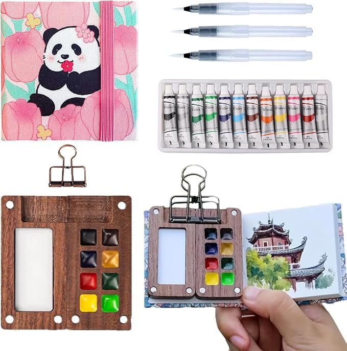 Aimery Mini Watercolor Paint Travel Set, Portable Small Miniature Pocket Water Color Painting Kit with Wooden Palette & Sketchbook(Pink Panda)