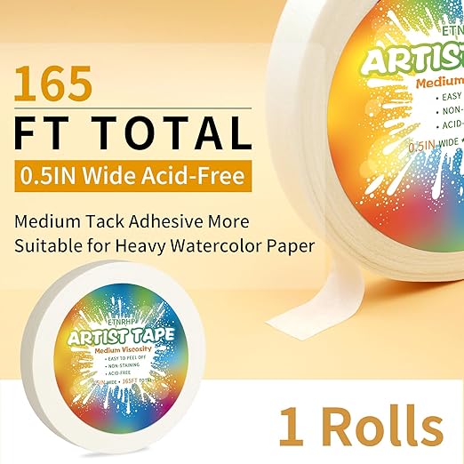 White Art Tape Medium Tack Artist Masking Tape Paper Acid Free Tape Watercolor Painters Tape Artists Tape for Drafting Art Watercolor Painting Canvas Framing, 0.5 inch Wide 165FT Long