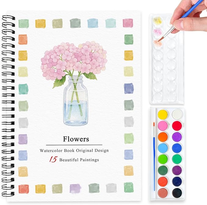 SLWBZ Watercolor Workbook Pink Flowers, 15 Different Patterns of Original DIY Designs, 16 Color Watercolor Paint Plates with Palette and Brush, Beginner-Friendly Watercolor Workbooks, Pink Hydrangea