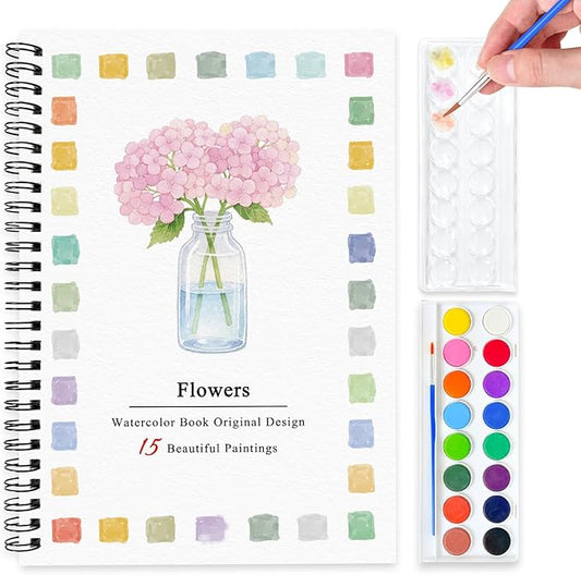 SLWBZ Watercolor Workbook Pink Flowers, 15 Different Patterns of Original DIY Designs, 16 Color Watercolor Paint Plates with Palette and Brush, Beginner-Friendly Watercolor Workbooks, Pink Hydrangea