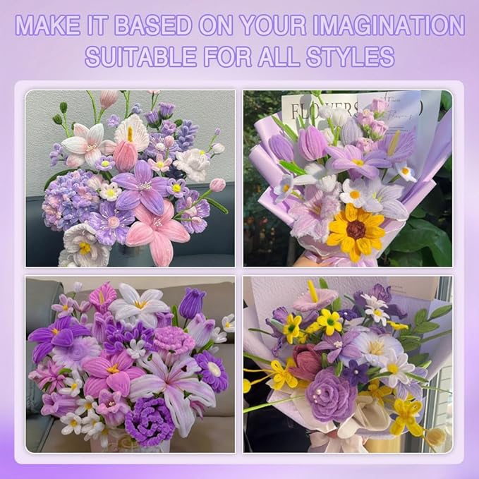 985-Piece Jumbo Size Premium Muti-Color Pipe Cleaner Craft Kit with Floral Supplies - Chenille Stems, Flower Wires, Stamens & Video Tutorial for Wedding Decorations (Purple Pink Set, Jumbo Craft Set)