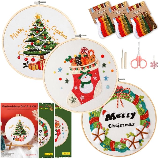 christmas embroidery kits: 3 pack cross stitch kit for beginners adults, diy ornaments craft kit with all tools & instructions, stamped hand embroidery starter kit for holiday crafts & xmas home decor