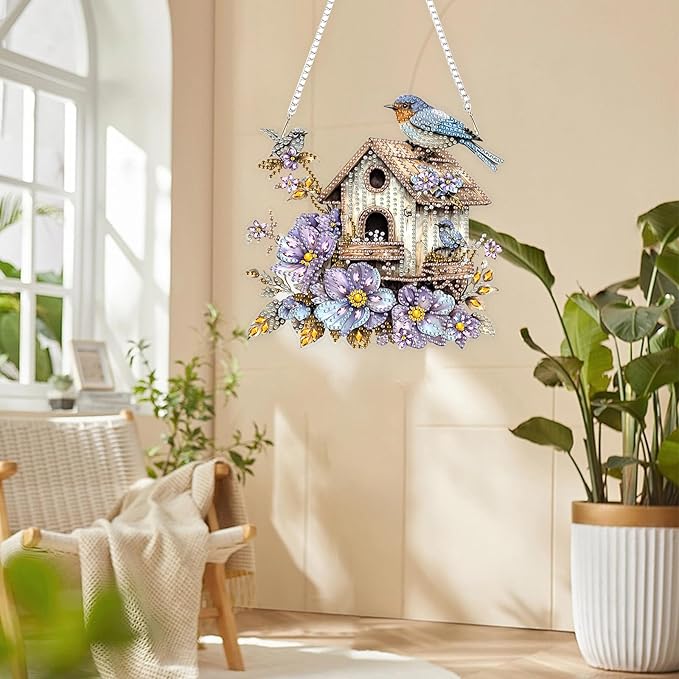 Lxmsja DIY Birdhouse Diamond Painting Hanging Ornament, Double-Sided Acrylic Flowers Bird Diamond Art Kit, Special Shaped Drill Pendant Window Art Kit, Suncatcher Hanging Craft Decoration 8x8 inch