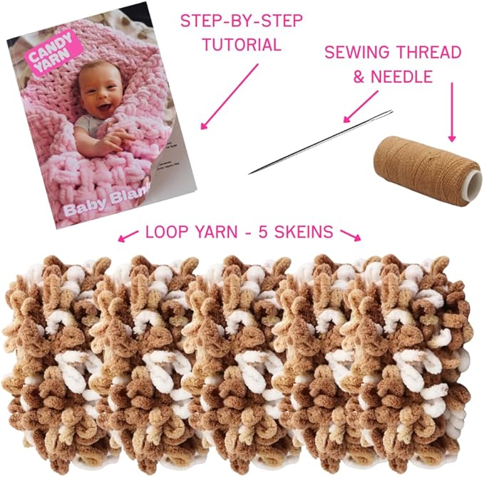 Beginner Craft Kit – Easy Loop Yarn Baby Blanket Kit for Adults & Kids, DIY Arm Knitting Kit with Soft Chenille Yarn, Perfect Handmade Gift (Multicolor)