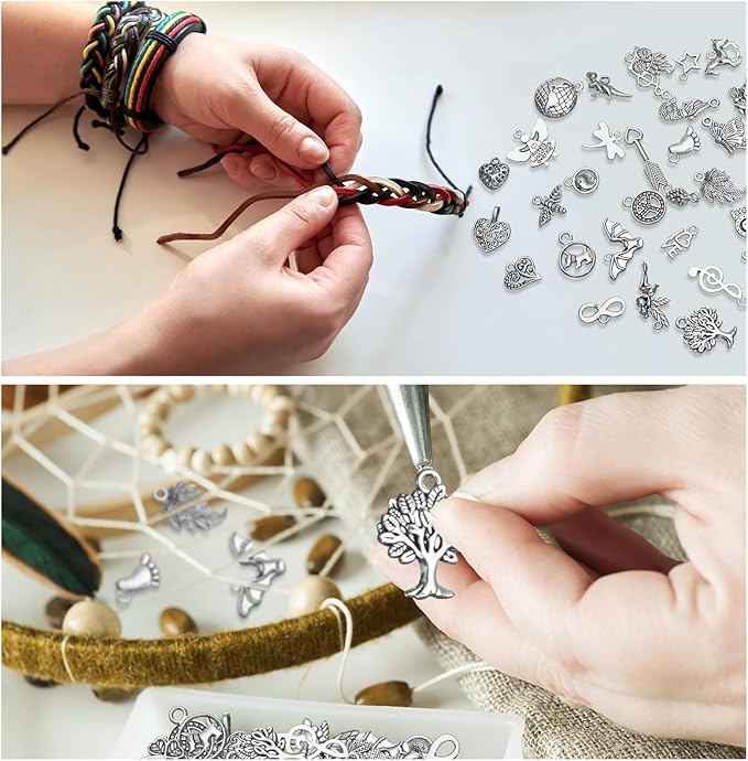 Quelay Hemp Cords Jewelry DIY Making Kits, 16 Pcs 84 Yards Flax String Cord, Natural Twine Rope and 194 Pcs Silver Bracelet Charms for Friendship Bracelet Necklace Making, Keychain Gift Craft Making