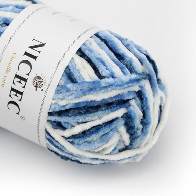 NICEEC 2 Skeins Soft Chenille Yarn Blanket Yarn for Knitting Fancy Yarn for Crochet Weaving DIY Craft Total Length 2×255m (2×279yds, 2×150g)_Blue White