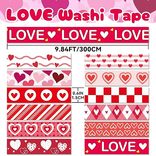 12 Rolls Love Heart Washi Tape Set, Pink Red Decorative Tape Valentine Stripe Dots Masking Tape for Journaling Supplies,Wedding Party,Junk Journal, Scrapbooking, Planner, DIY Arts & Crafts