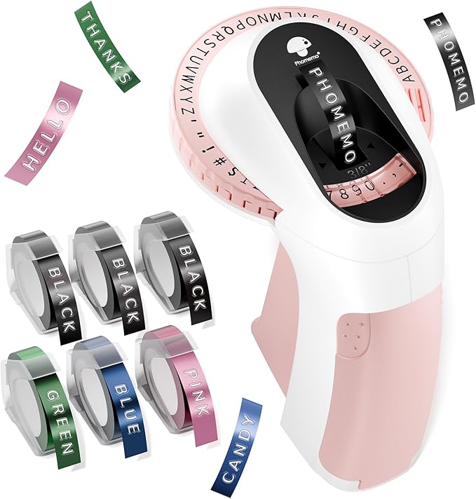 Phomemo Embossing Label Maker Machine, Scrapbook Junk Journal Supplies, Embossed Label Maker, 3D Retro Old School Embosser Labeler, Embossing Label Waterproof for Kid DIY Home School Office, Pink