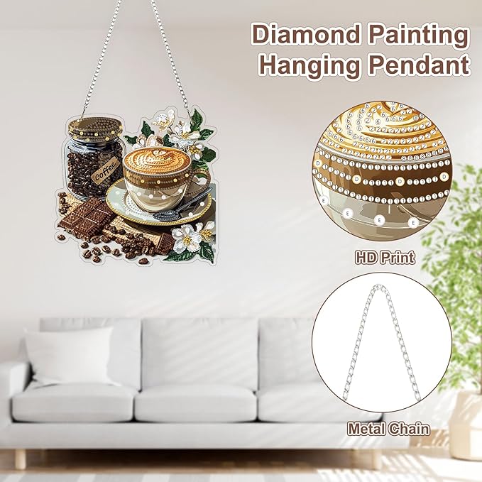 TOSTOG Cappuccino Sign Diamond Art Pendant Kits for Adult, White Diamond Painting Hanging Kit for Beginners, 5D DIY Crafts Gem Art, Waterproof Full Accessories for Home Decor Idea 20 * 20 cm/8 * 8 in