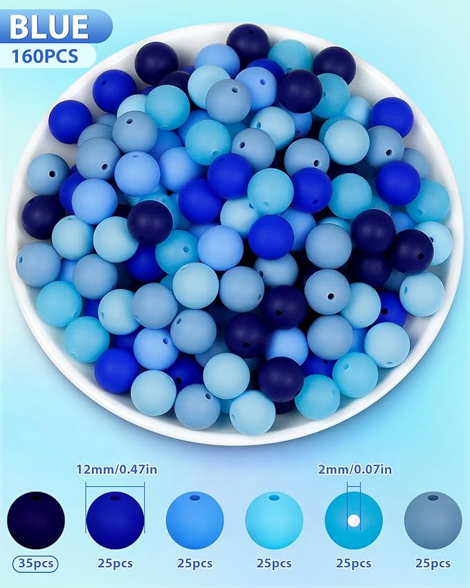 160pcs fiveizero 12mm silicone beads for keychain making, blue mixed 6 colors round silicone bead bulk for pens, rubber beads for bracelets and diy crafts