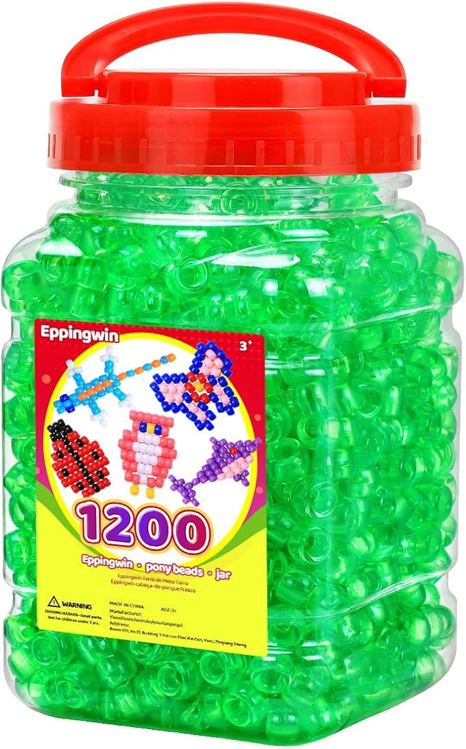 eppingwin 1200pcs pony beads for bracelets, 6x9mm kandi beads for hair braids, easy storage pony bead for jewelry making (green transparent)