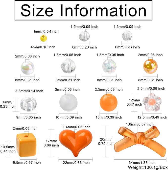 Ipotkitt 130 Pcs Acrylic Mixed Shape Beads Orange Color Beads Heart Round Bowknot Cube Barrel Spacer Beads for DIY Necklace Bracelets Jewelry Making
