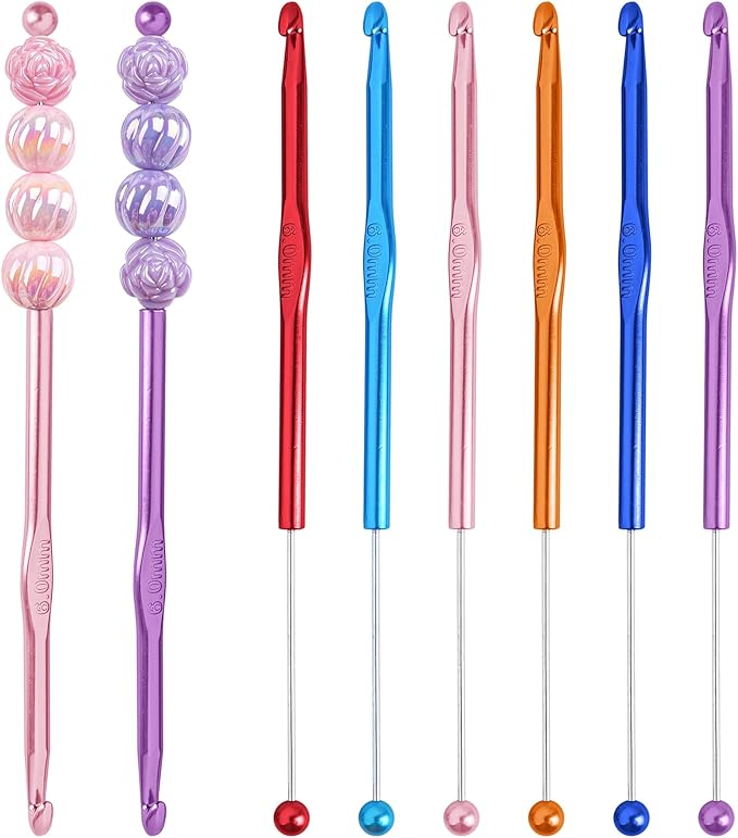 Framendino, 6 Pack Beadable Crochet Hooks 6 mm Aluminum Knitting Needles Set for Crocheting Yarn 6 Colors