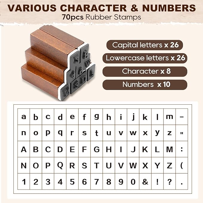 UCEC 70pcs Alphabet Stamps for Clay, Rubber Letter Stamps for Crafting, Wooden Letter Number and Symbol Stamp Set for Scrapbooking Supplies DIY Craft Card Making