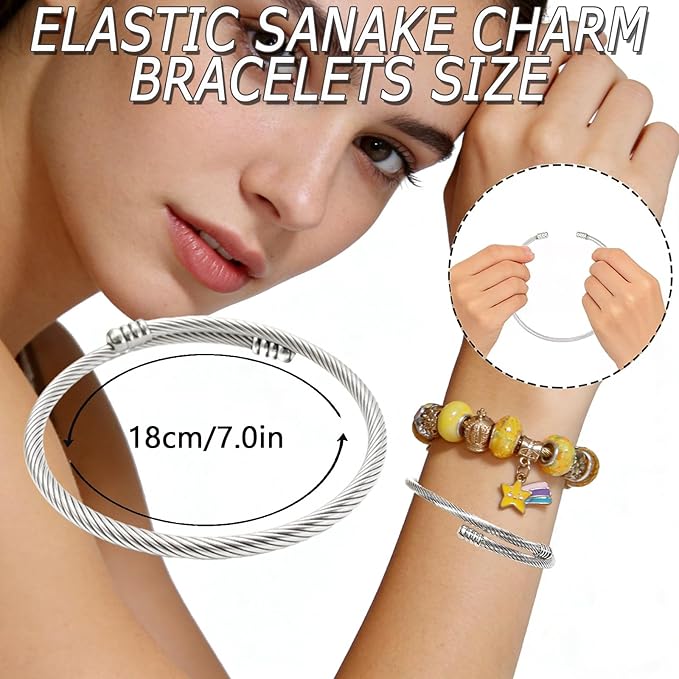 Exway 10 Pcs Elastic charm Bracelet chain Stainless Steel Cable Wire Twisted Cuff Bangle Bracelet Gold charm Bracelets Kit for Crafts DIY Women Jewelry Making