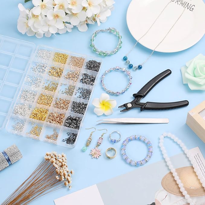 Acejoz 2160 Pieces Crimp Beads Kit for Jewelry Making, Incliding Knot Covers, Crimp Bead Covers, Crimp Tubes, Jump Rings,Wire Guardians, Crimping Pliers, Elastic String for Bracelets Necklaces Making