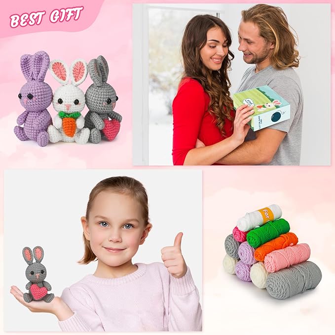 ekaus Crochet Kit for Beginners, Crochet Kit with Step-by-Step Video Tutorials, Crochet DIY Knitting Supplies for Adults, Crochet Rabbits(45%+ Yarn)