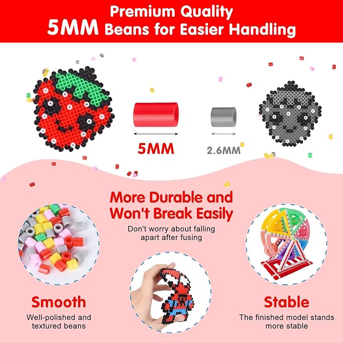 Fuse Beads Kit for Kids: 10000PC Melty Beads Set, 5MM Iron Melting Beads Craft Kit with 8 Pegboards,5 Ironing Paper and Accessories, Arts and Crafts Set Toys Gifts for Boys Girls Christmas Birthday
