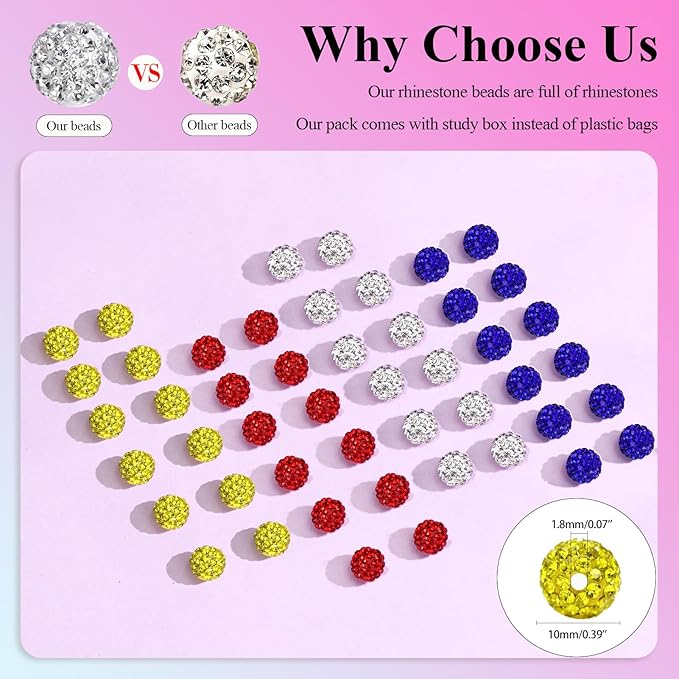 Dowarm 255PCS 10mm Rhinestone Beads for Baseball Necklace Bracelet Jewelry Making, Round Rhinestone Clay Beads for Craft Beaded Pen, Shamballa Pave Diamond, Yellow|Red|Blue|White