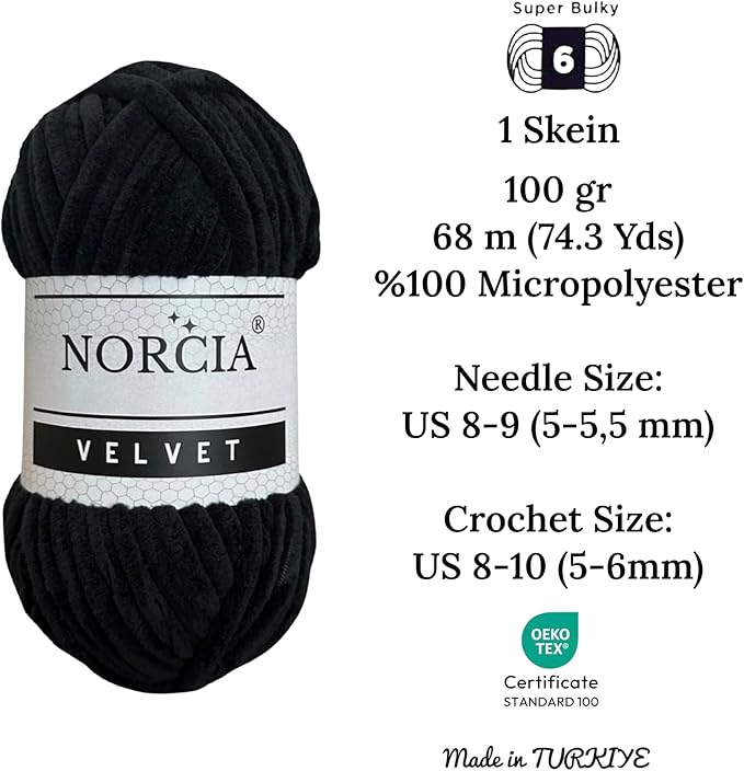 Soft Velvet Yarn Chenille Yarn for Crocheting Super Bulky 3x100g (3x75 yds) Baby Blanket Yarn for Knitting Amigurumi Yarn for Crochet Weaving Craft (Black, 3 Skeins)