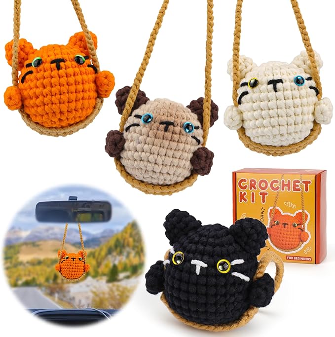 Kogyxe Crochet Kit for Beginners, Crochet Animal Kit for Decoration Car Hanging Ornament, Cat Knitting Kit with Yarn Crochet Hook, Crochet Starter Kit with Step-by-Step Video Tutorials