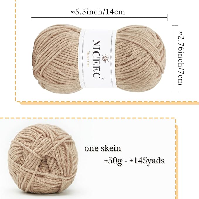 NICEEC 300g Soft Assorted Colors Yarn - Sport Weight,100% Acrylic, 4 Ply, Bonbons Yarn for Crochet & Knit, DIY Project Starter Kit for Kids or Adults(Total 870yds) - Beige
