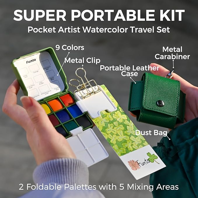 Funto Mini Watercolor Travel Set, Christmas Green Gift Travel Artist Outdoor Sketch Kits with 2 Foldable Palettes, Portable Leather Case and Metal Clip, Kit for Art Lovers