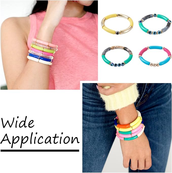 60Pcs Acrylic Chunky Tube Beads with Evil Eye Resin Beads, Disc Spacer Beads & Elastic Crystal Thread, Curved Tube Beads for Bamboo Bangles Bracelet Jewelry Making