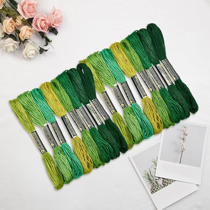 16 Skeins 131 Yards Embroidery Thread Friendship Bracelets String Cross Stitch Threads Cotton Floss Yarn DIY 6 Ply 1.2mm for Making Sewing Needlework Knitting Stitching Craft Supply Green